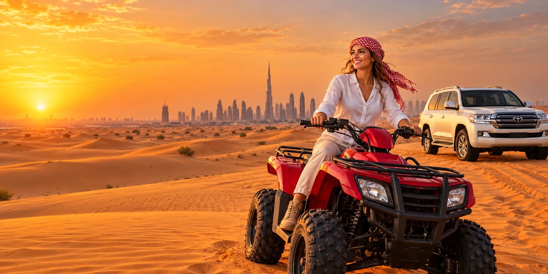 Tourist on a quad bike with a white Land Cruiser against golden Dubai dunes